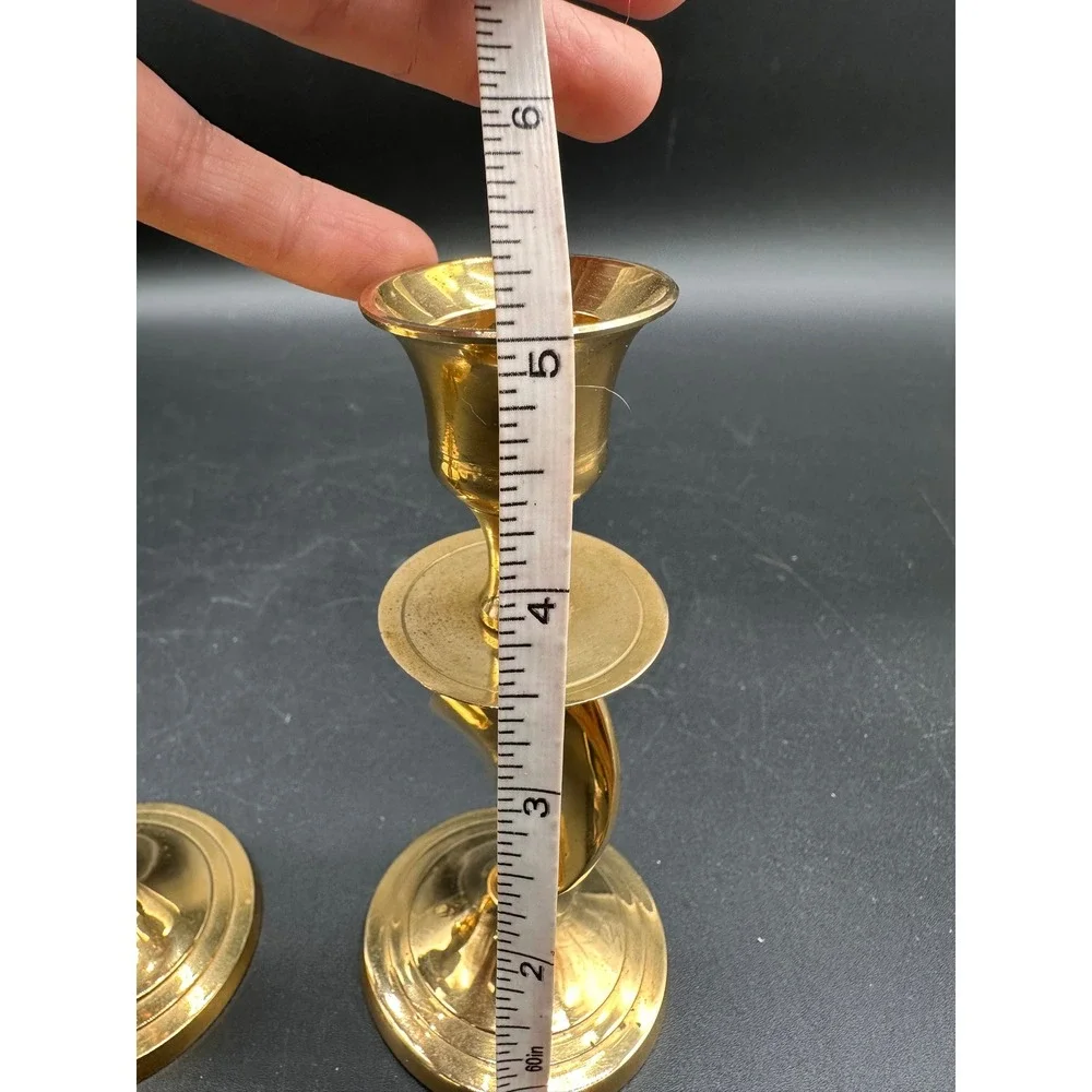 Vintage Brass Ribbon Candlestick Holders Pair Gold Taper Mid Century
